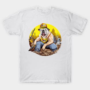 A Carpenter English Bulldog with a tool belt and hard hat, riding a yellow bulldozer and moving dirt T-Shirt